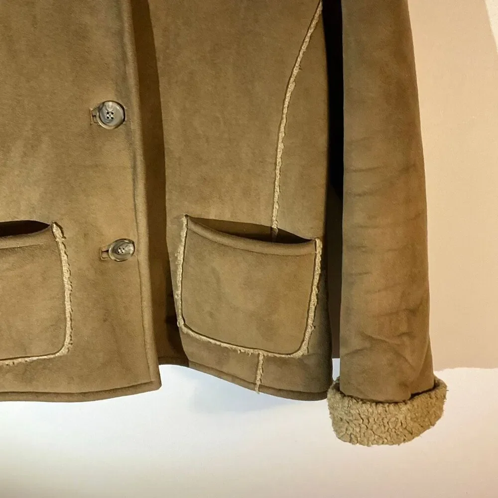 Fjall Sherpa Jacket, Small. Brown Pockets. Faux Suede, Shearling. Thick and warm